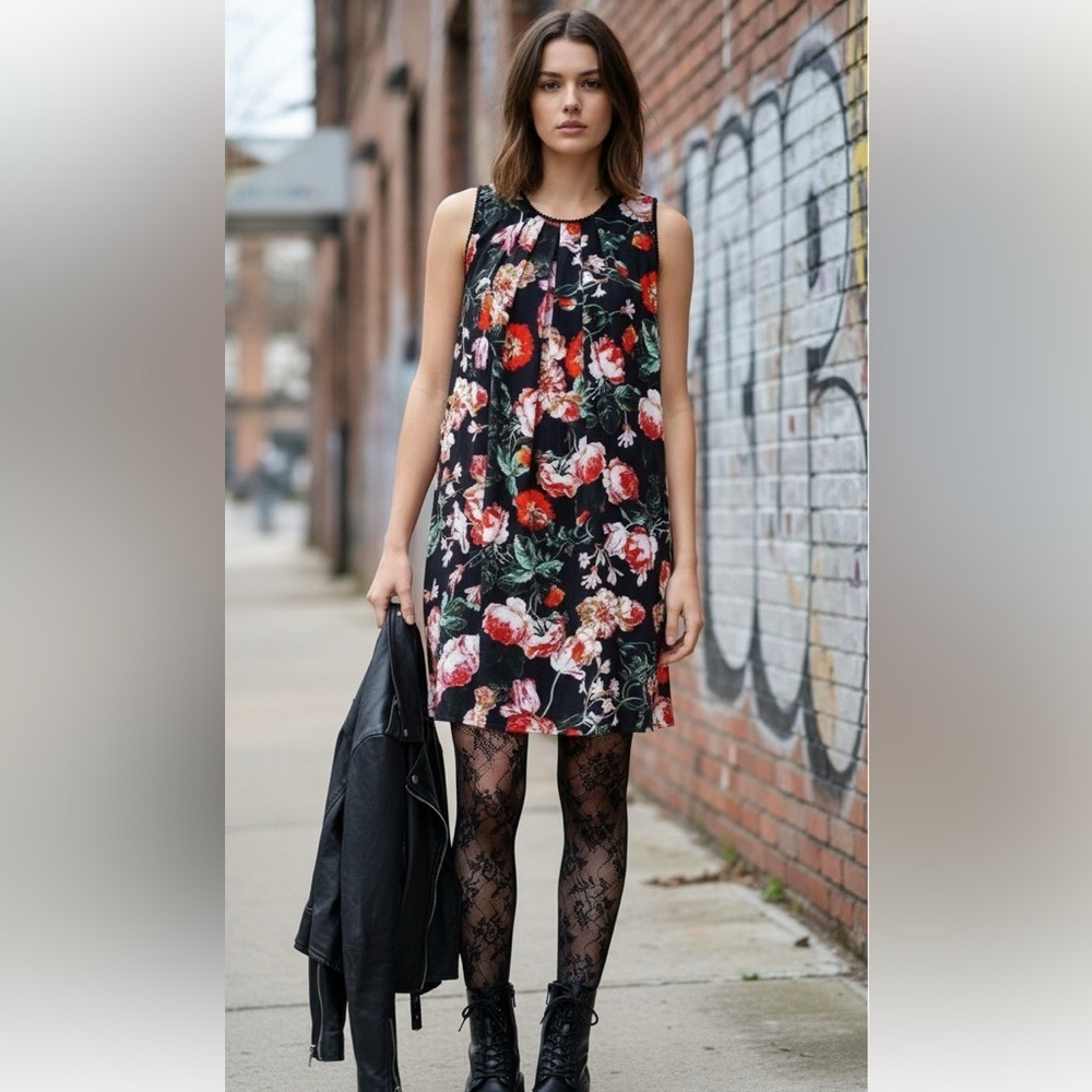 Large Umgee Black Whimsigoth Floral Flare Fit And Flare Swing Lined Dress